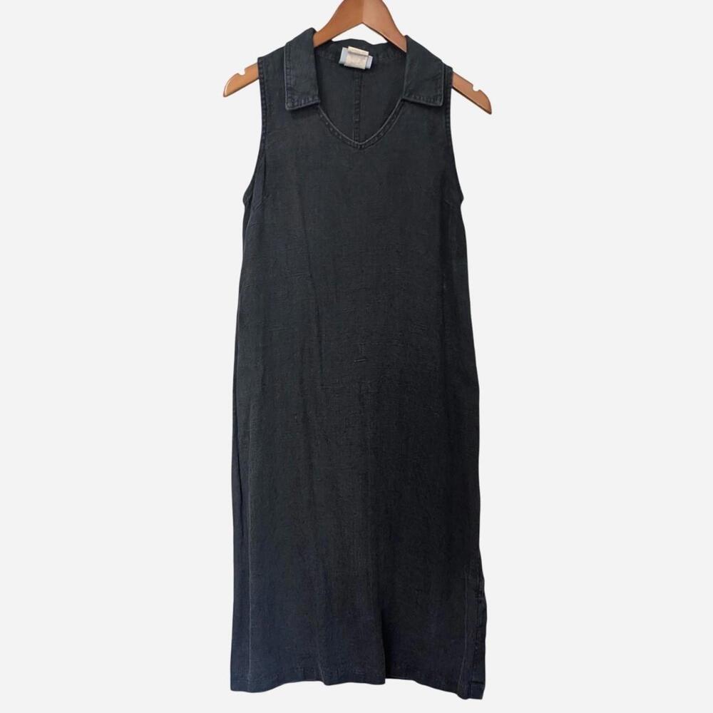 90s Charcoal Linen Midi Dress Minimalist Sleeveless Collared Vintage Petite M